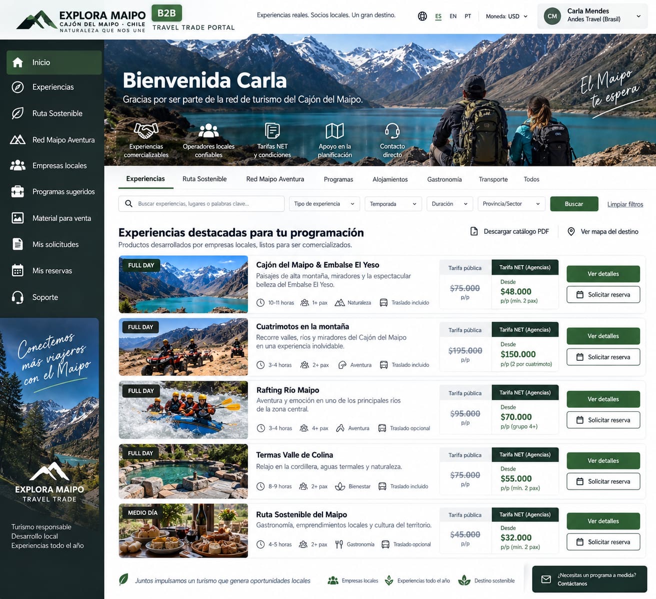 Prototipo del portal B2B de Explora Maipo con experiencias y tarifas para agencias